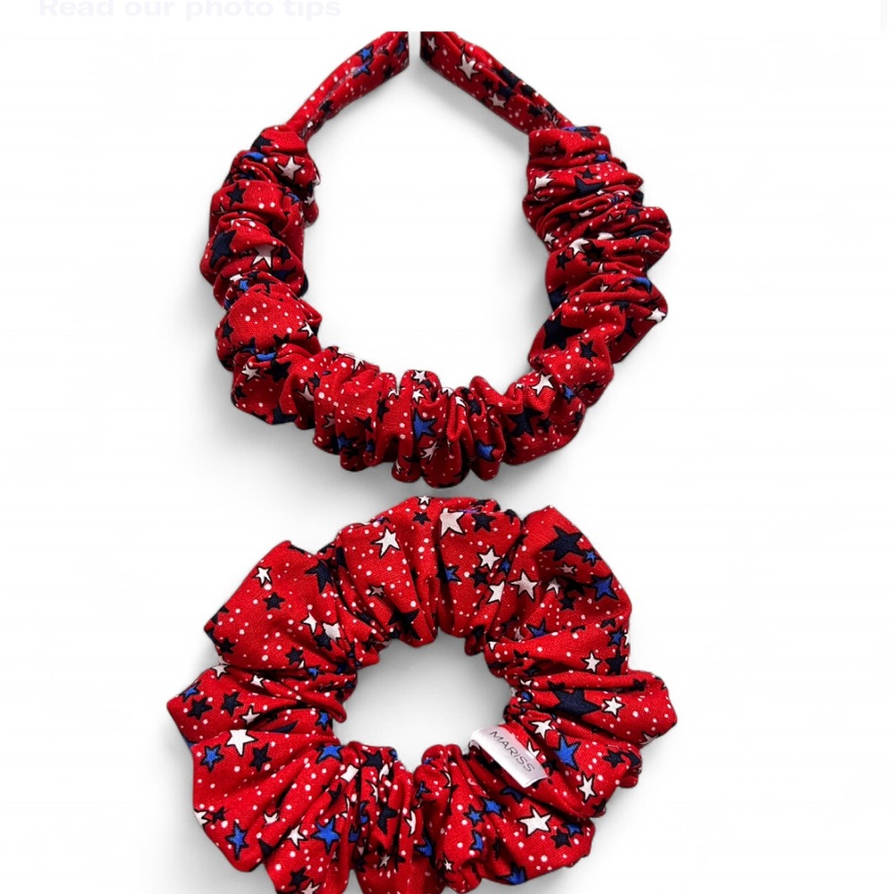 Patriotic Red Star Pattern Headband and  Hair Scrunchie Set. Handmade.